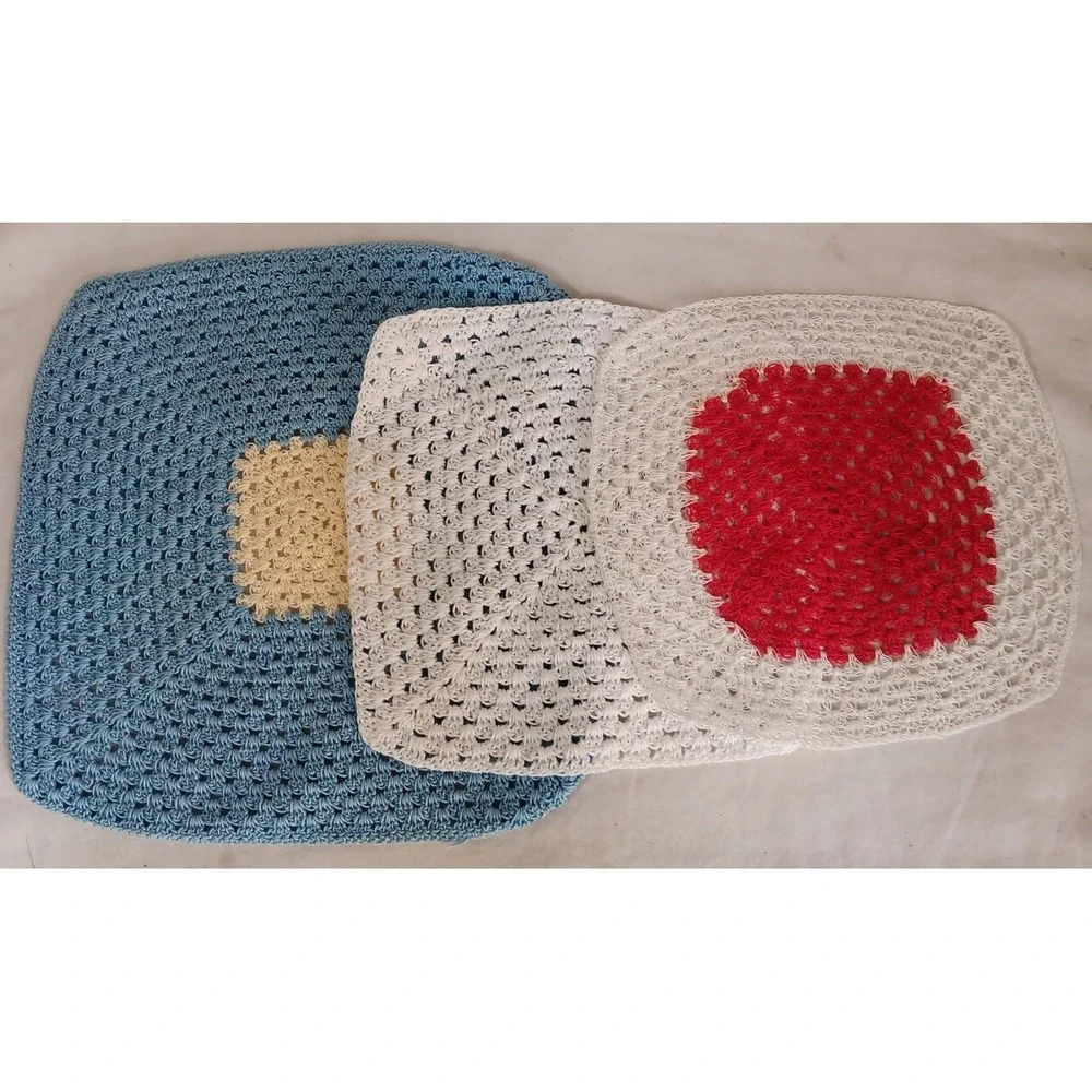 3 Vtg Handmade Doilies Light Blue White Red Never‎ Used